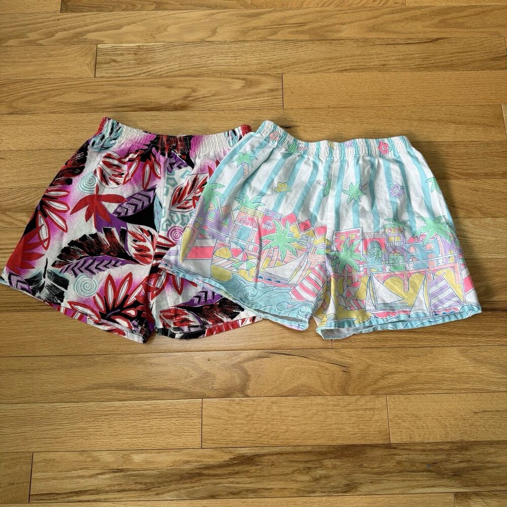 Vintage 80s Shorts Size L Cotton Bold Print Made In USA Elastic Waist High Rise